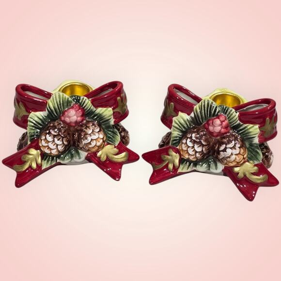 VTG Ceramic Christmas Wreath Candle Holders With Pinecones And Red Bow 3D - Picture 4 of 10
